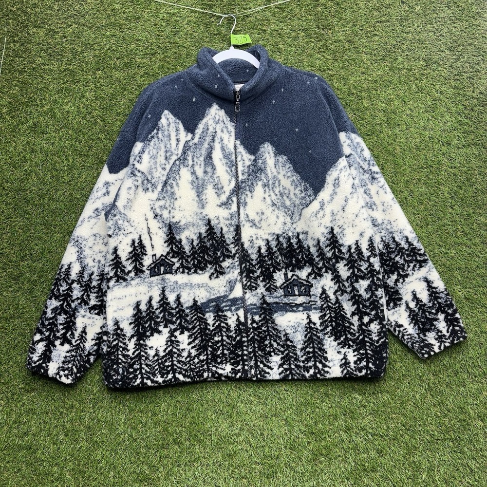 Black Mountain Fleece Jacket Womens Large Geometric Hiking AOP Nature Zip Up